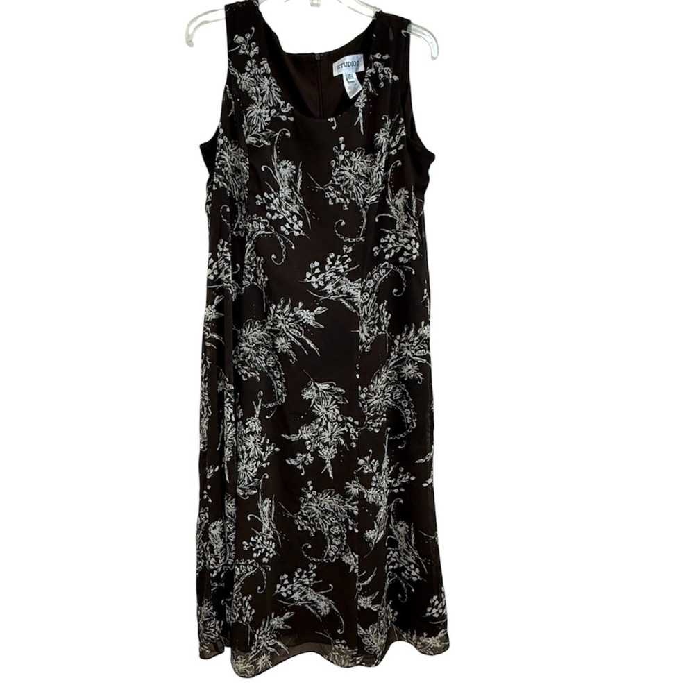 Studio I Brown Floral Sleeveless Midi Dress Size 14 Chiffon Lined Back Zip